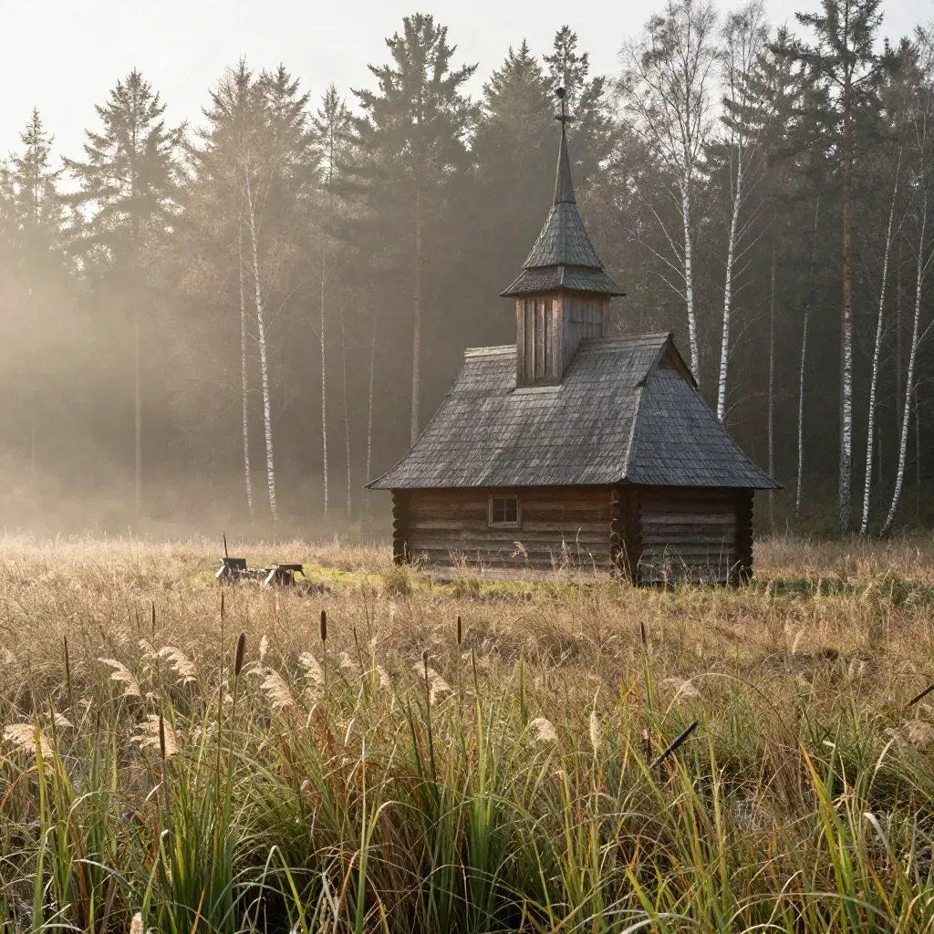 Mgliste łąki Białowieży z drewnianym kościołem na skraju lasu o świcie.