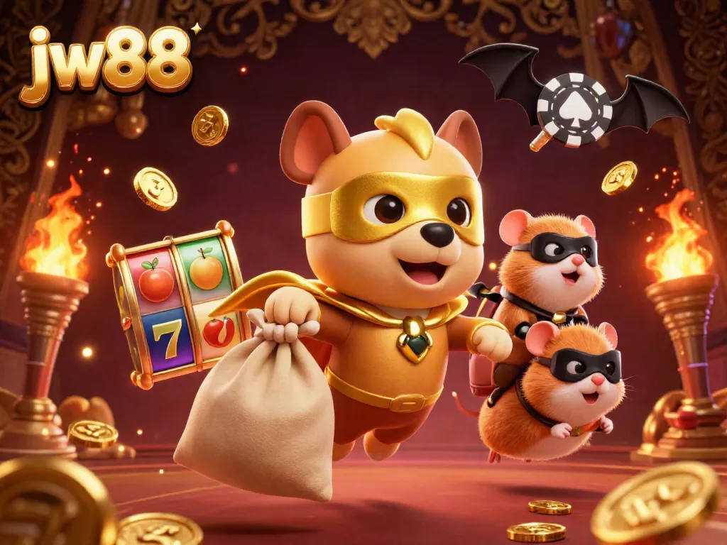 Experience thrilling casino adventures with jw88 as a superhero dog and sidekick hamster bring luck and fun in this vibrant illustration.