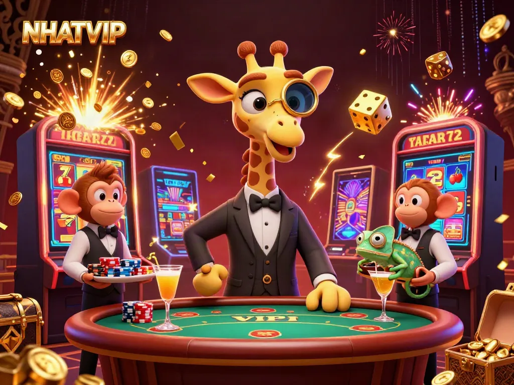 Engage in NHATVIP with a vibrant scene of gambling action, showcasing a high-roller giraffe and festive casino elements.