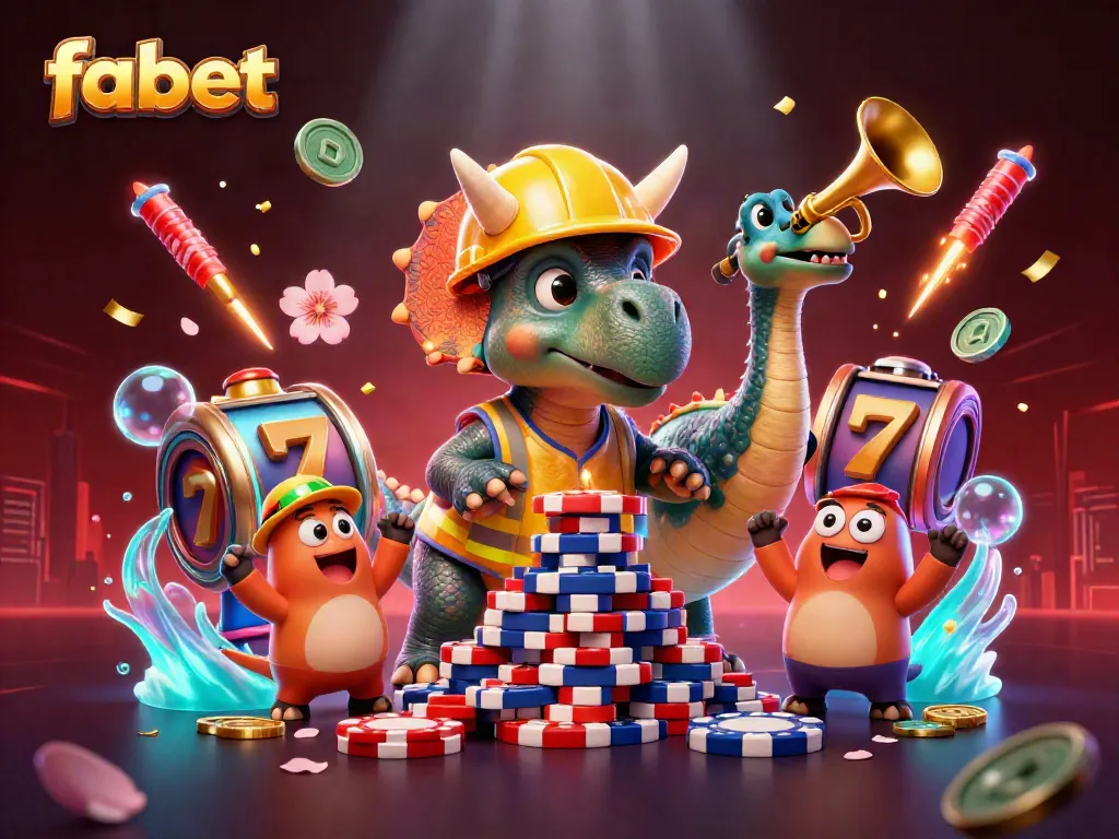 Experience the thrill of fabet with cartoon dinosaurs assembling poker chips amidst vibrant casino elements.