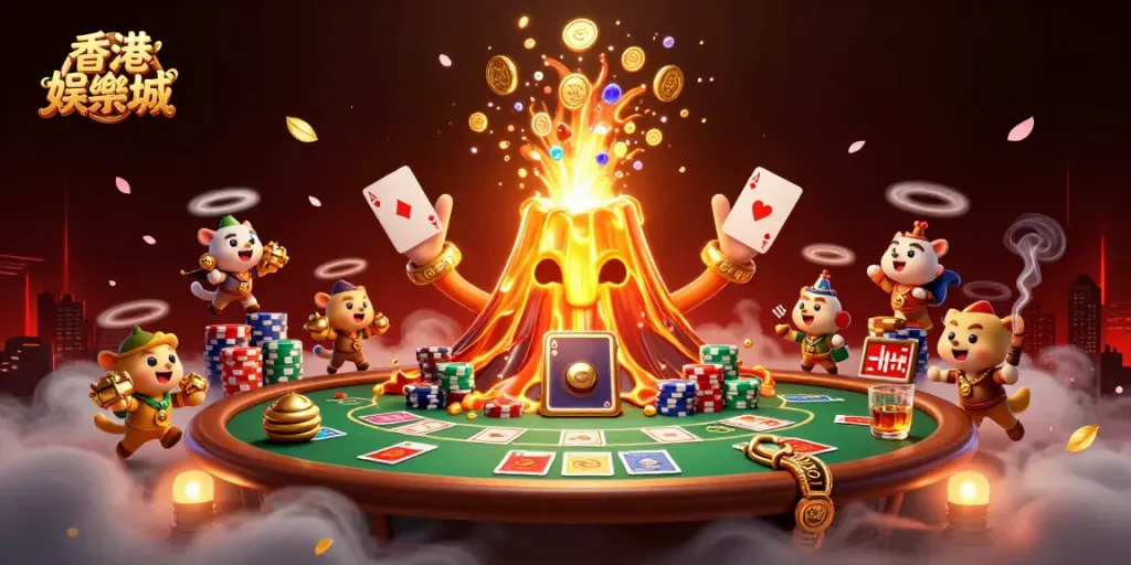 Experience the thrill of 香港娛樂城 with a 3D cartoon scene featuring a golden volcano overflowing with treasure and poker elements.