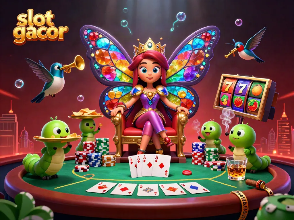 Engage with slot gacor adventures in a vibrant casino scene with a butterfly queen and colorful game elements.