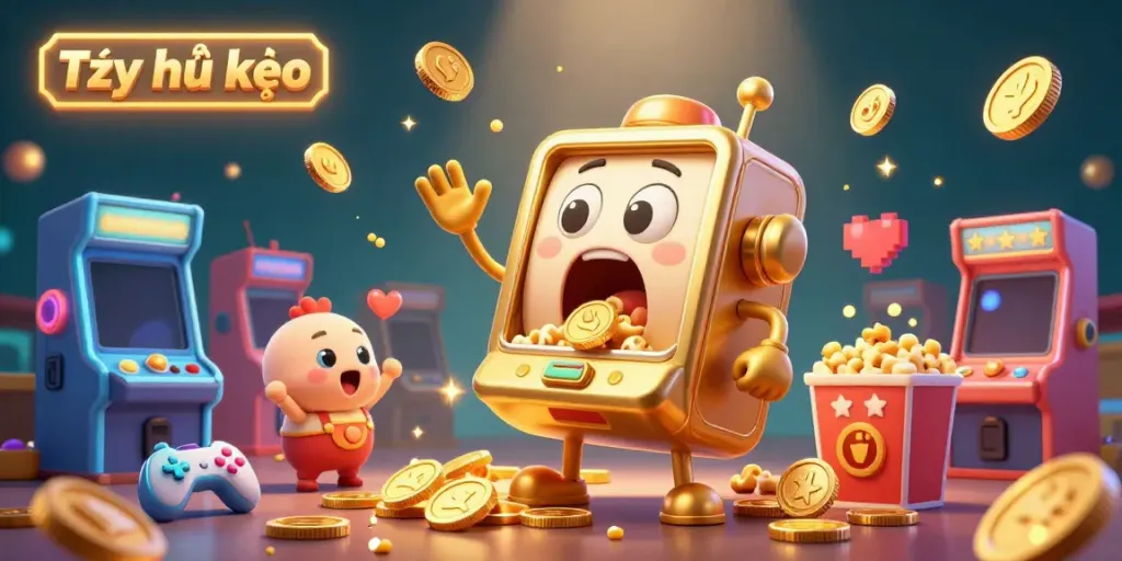 Tỷ lệ kèo animated scene showcasing a golden slot machine celebrating a jackpot with smaller machines and gaming elements.