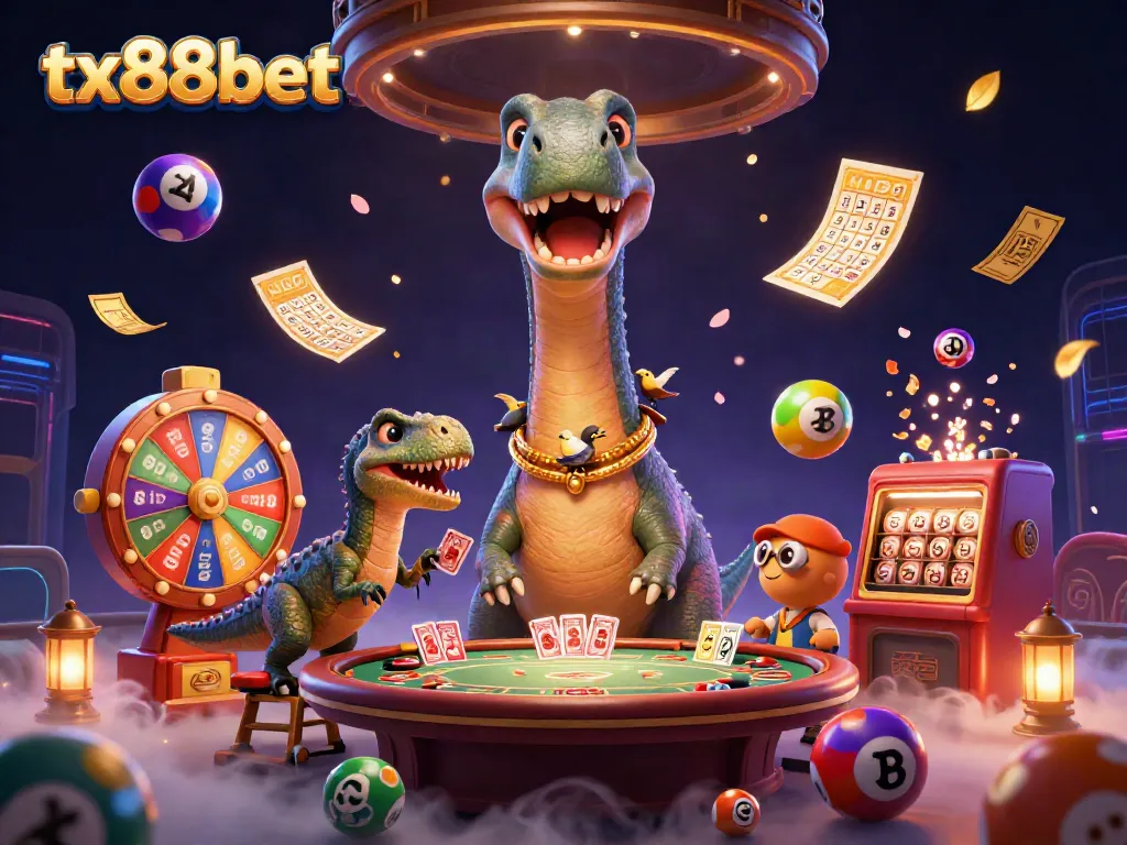 Engage with tx88bet's vibrant gaming scene featuring a giant brontosaurus and raptor dealers.