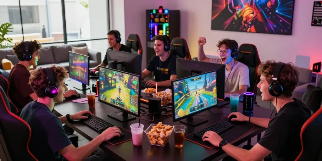 Players enjoying an exciting online gaming session on kilat404, surrounded by snacks and vibrant tech.