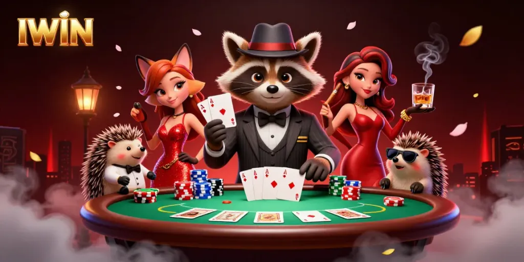 IWIN showcases thrilling poker action with charming characters and vibrant casino elements.