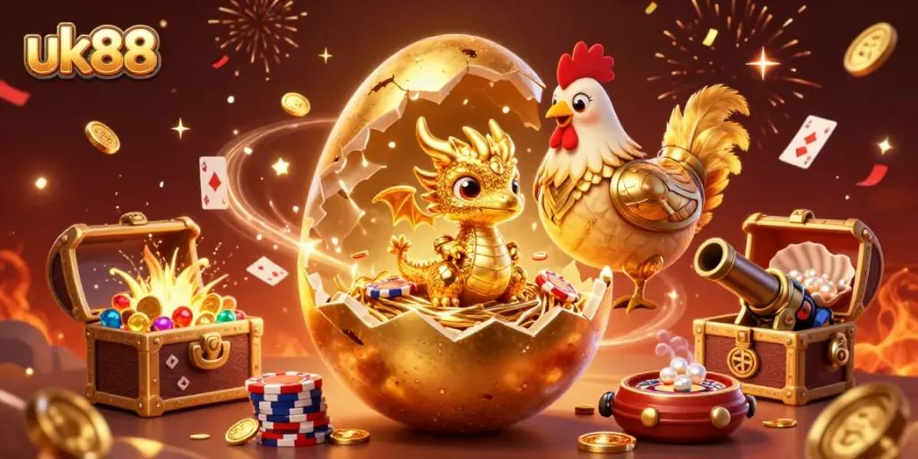 Experience thrilling games at uk88 with a golden dragon guarding poker chips among vibrant casino elements.