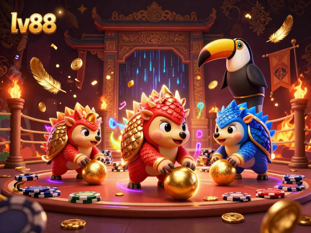 Experience thrilling games with lv88 as pangolins roll through stacks of poker chips in a lively casino arena.