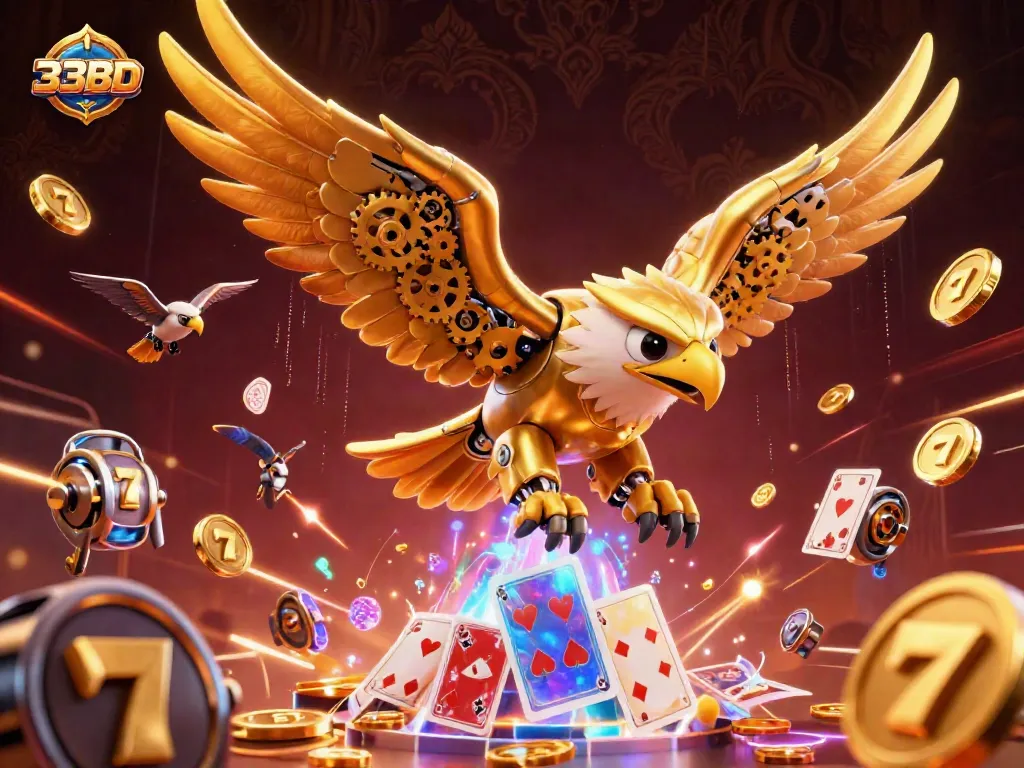 Experience the excitement of 33BD with a golden eagle diving through holographic cards.