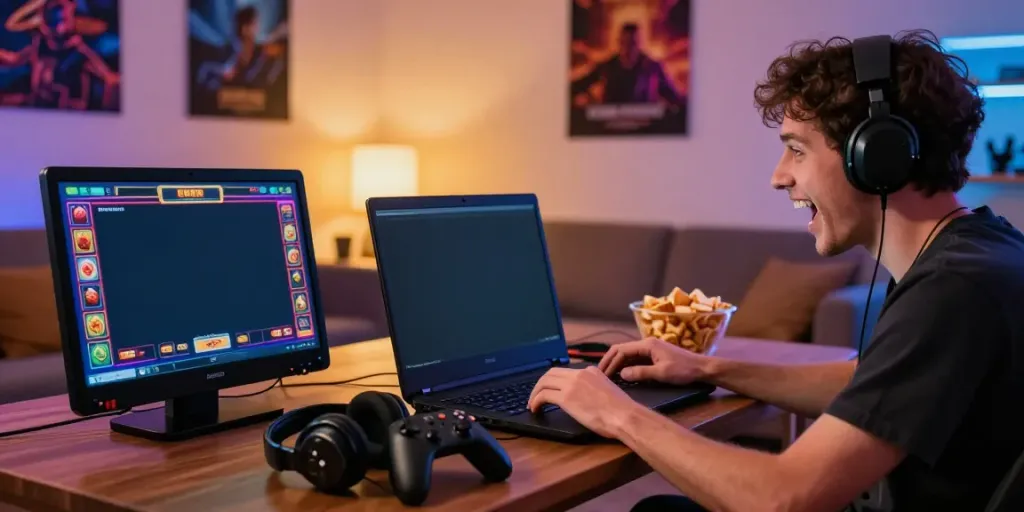 Player engaged with Situs gacor online slots in a cozy gaming setup.