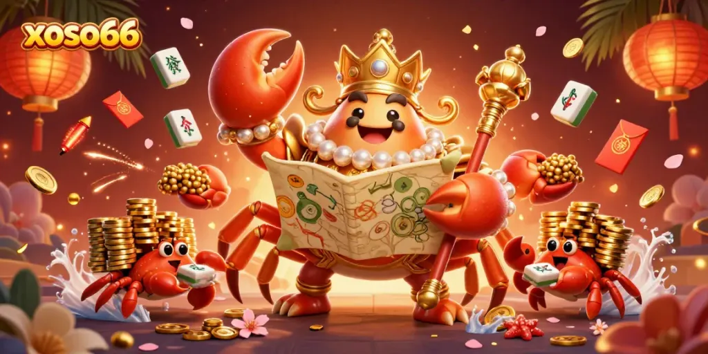 Experience winning at xoso66 with a vibrant 3D scene featuring a golden crab emperor and treasures.