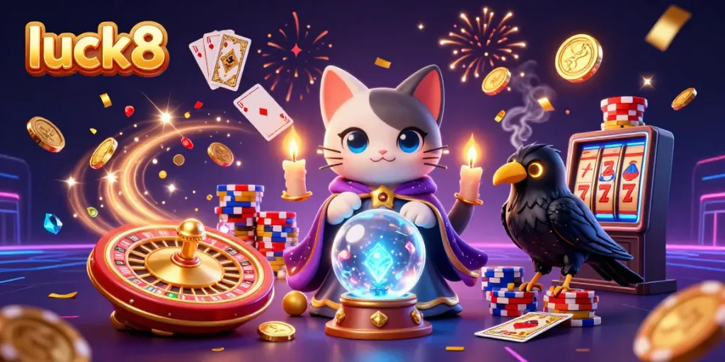 Experience luck8 with an exciting scene featuring a mystical cat, a raven, and vibrant casino elements.