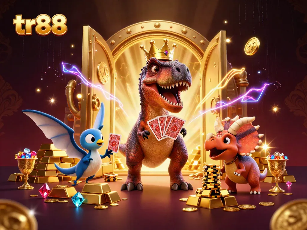 Engage in thrilling gameplay with tr88 as a T-Rex shuffles cards while a pterodactyl assists and triceratops stacks chips.