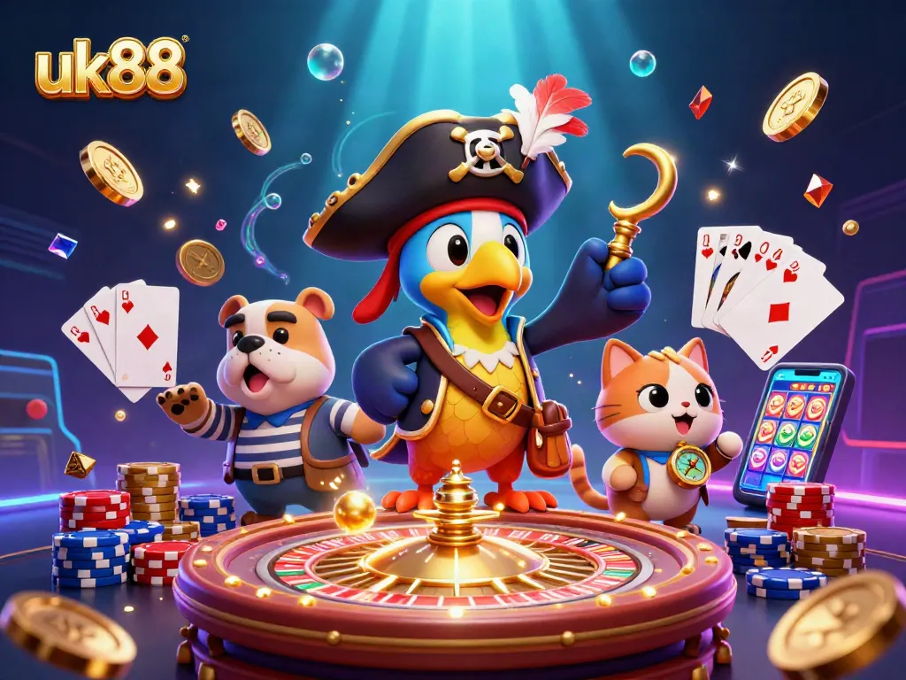 Spin the reels at uk88 with vibrant 3D characters surrounded by shimmering coins and jewels.