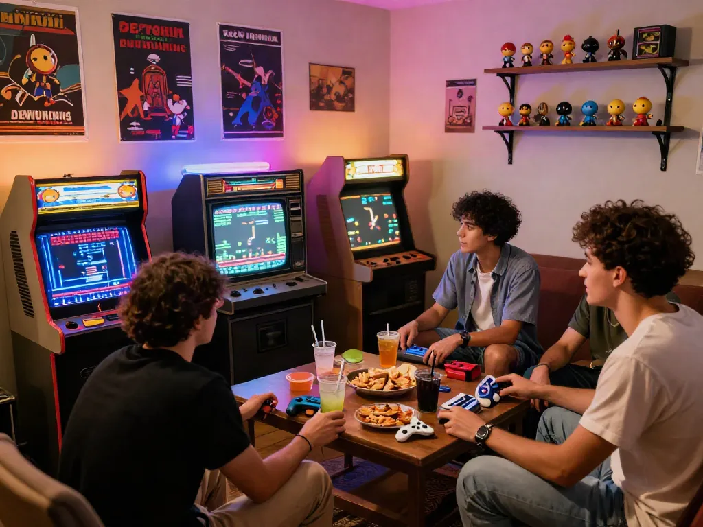 Friends enjoying a nostalgic gaming night with classic retro games at pecah404, surrounded by vintage collectibles.