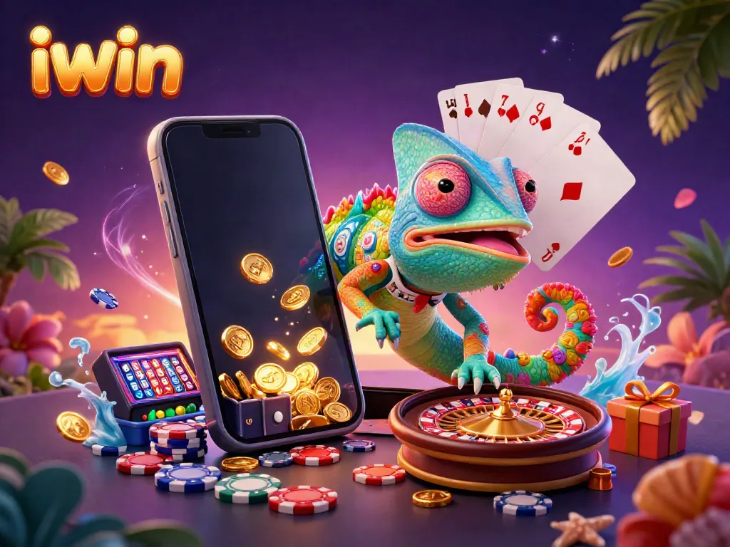 Experience iwin's vibrant gaming world with a colorful chameleon casino owner amidst dynamic games.