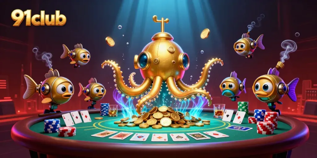 Win with 91club featuring a golden kraken submarine amidst poker elements and coins.