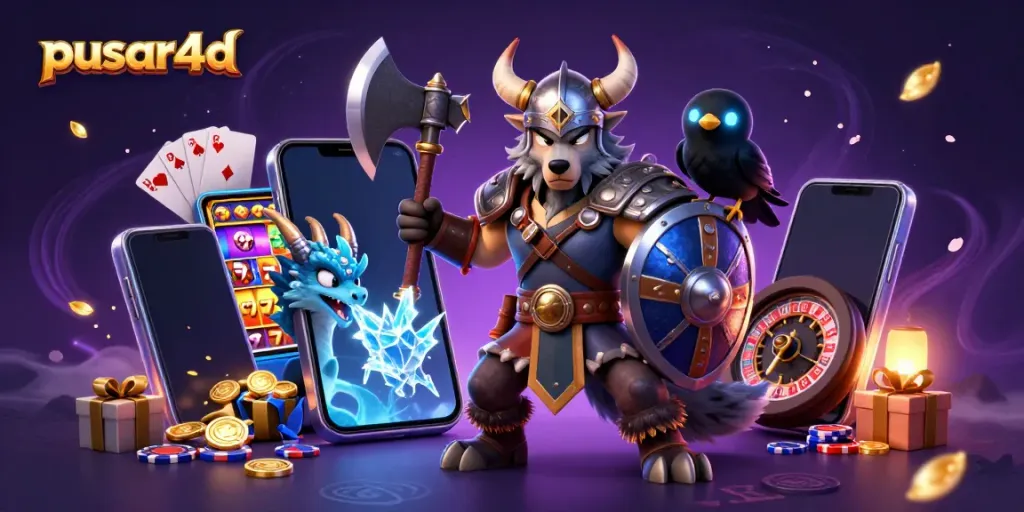 Experience the excitement of pusar4d with a Viking wolf battling alongside a dragon in a vibrant casino scene.