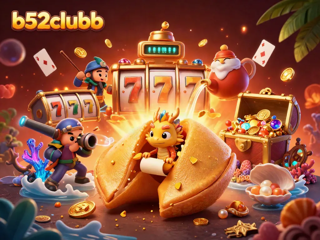 Engage with the vibrant world of b52clubb featuring golden fortune cookie characters and exciting slot elements.