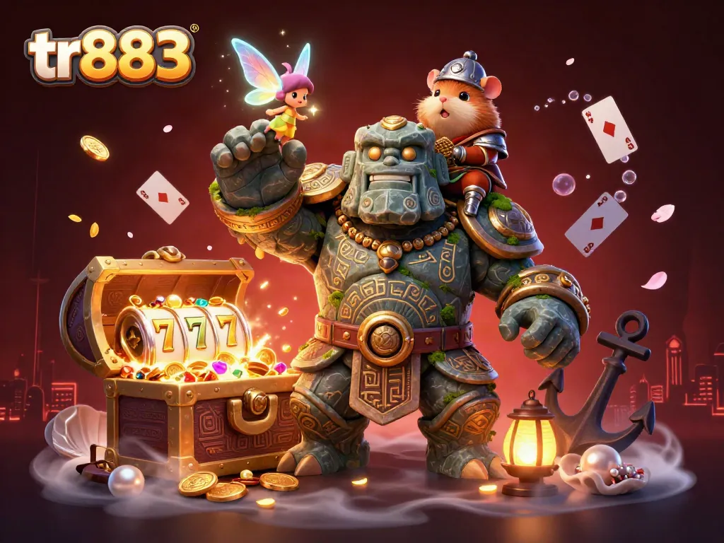 Experience the excitement of tr883 with a dynamic scene featuring a stone golem and magical creatures amid casino gaming elements.