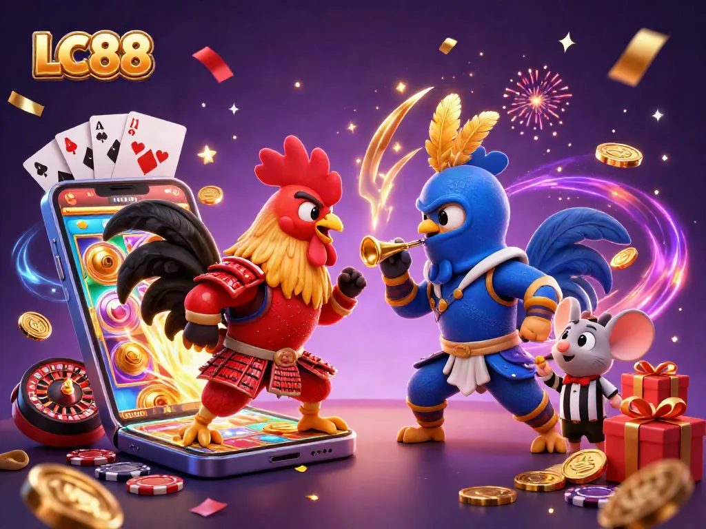 LC88 showcases cartoon roosters in a casino duel, amid vibrant game elements and golden coins.