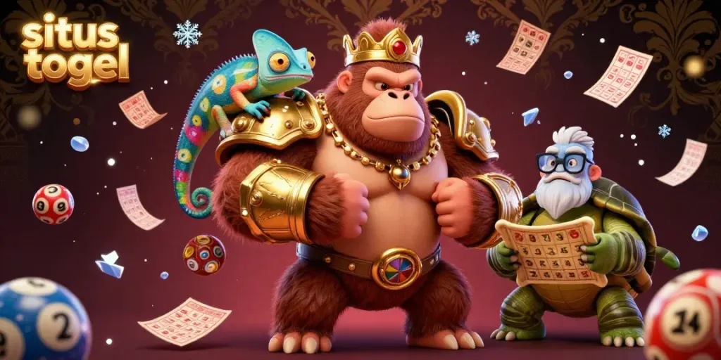 Engage with the situs togel world, featuring a gorilla king, chameleon, and tortoise in a dynamic lottery scene.