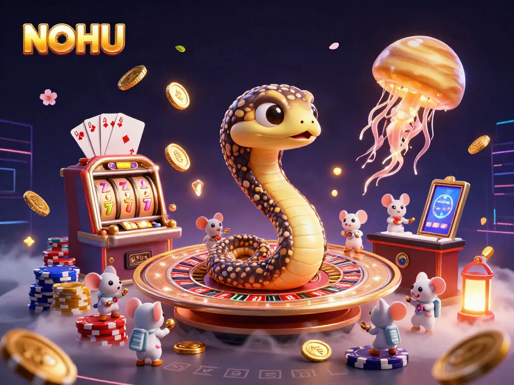 NOHU casino illustration with a Saturn ring snake, betting mice, and jackpot reels.