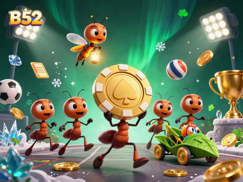 B52 heist in a 3D casino scene with playful ants, golden poker chip, and dynamic sports elements