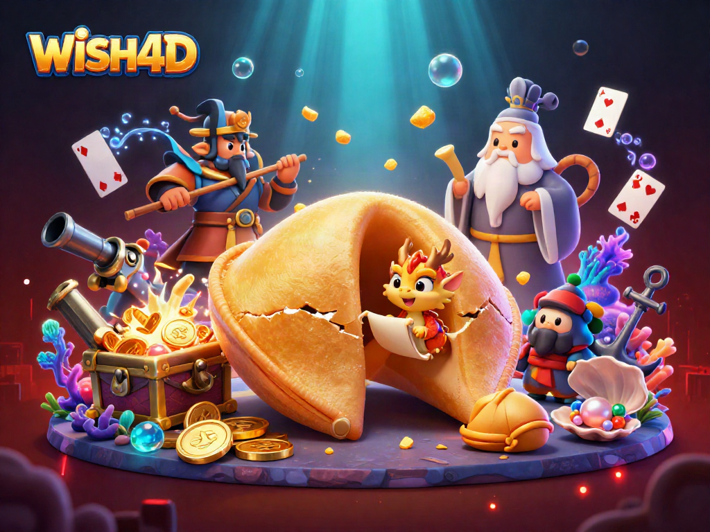 WISH4D invites players to indulge in a captivating casino adventure with animated fortune characters.