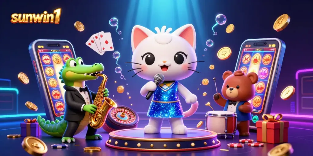 Join the casino fun with sunwin1 through this vibrant illustration of animated characters and slot games!