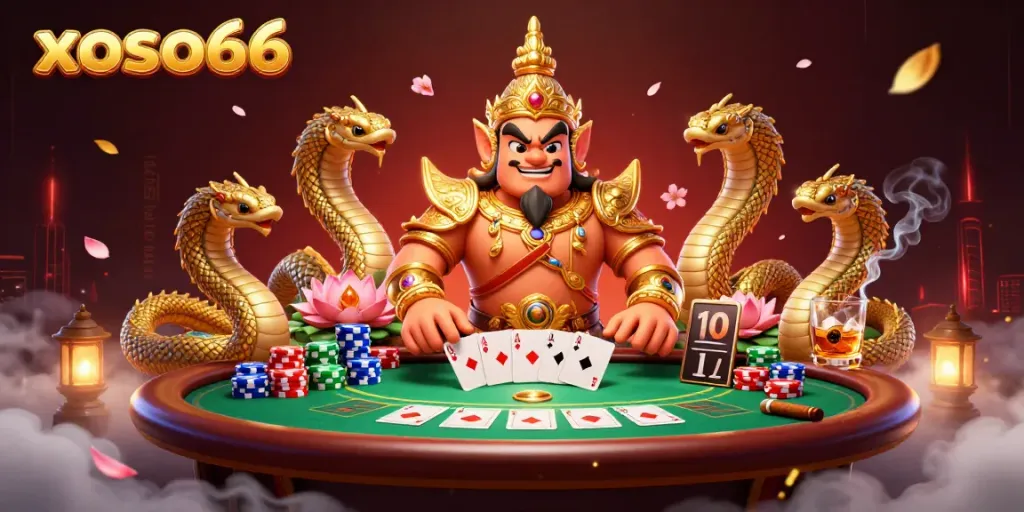 Play poker with style on xoso66 featuring a guardian and Naga companions.