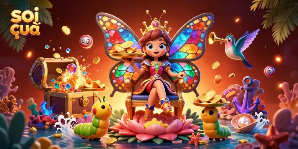 Engage in soi cầu with vibrant illustrations of a butterfly queen and lottery elements enriching the scene.