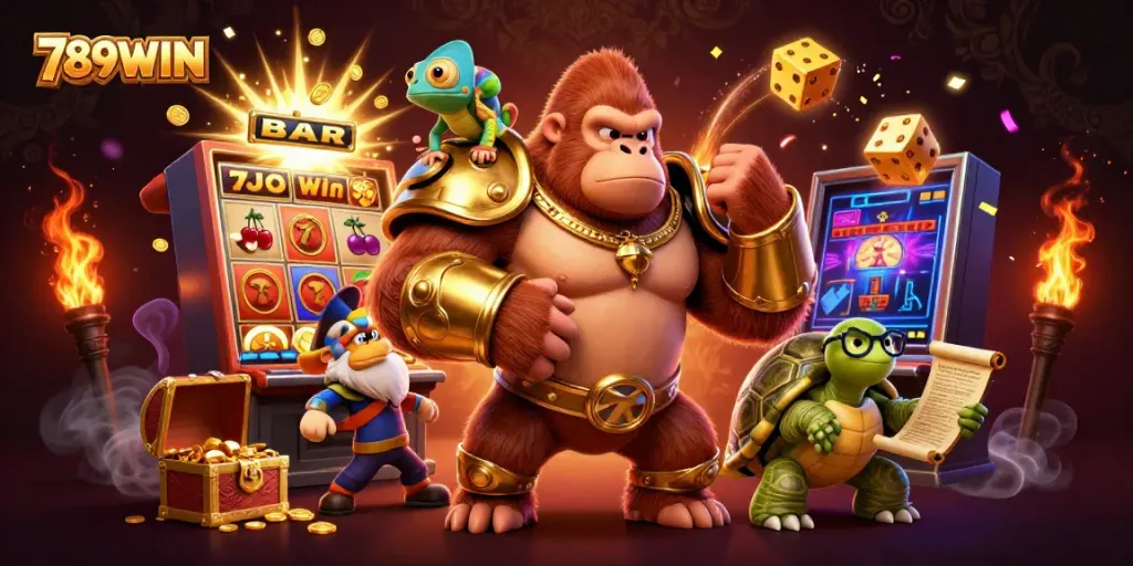 Experience the excitement of winning with 789WIN's dynamic casino scene featuring a powerful gorilla and rich gaming elements.