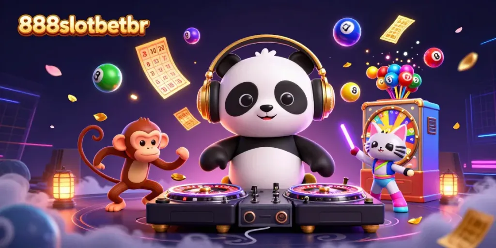 Experience the vibrant energy of 888slotbetbr with playful characters and dynamic gaming elements in a colorful casino scene.