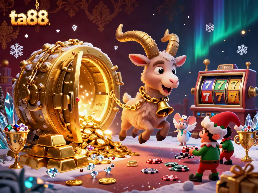 Experience thrilling gameplay at ta88 with festive characters in a dynamic holiday casino scene filled with treasure.