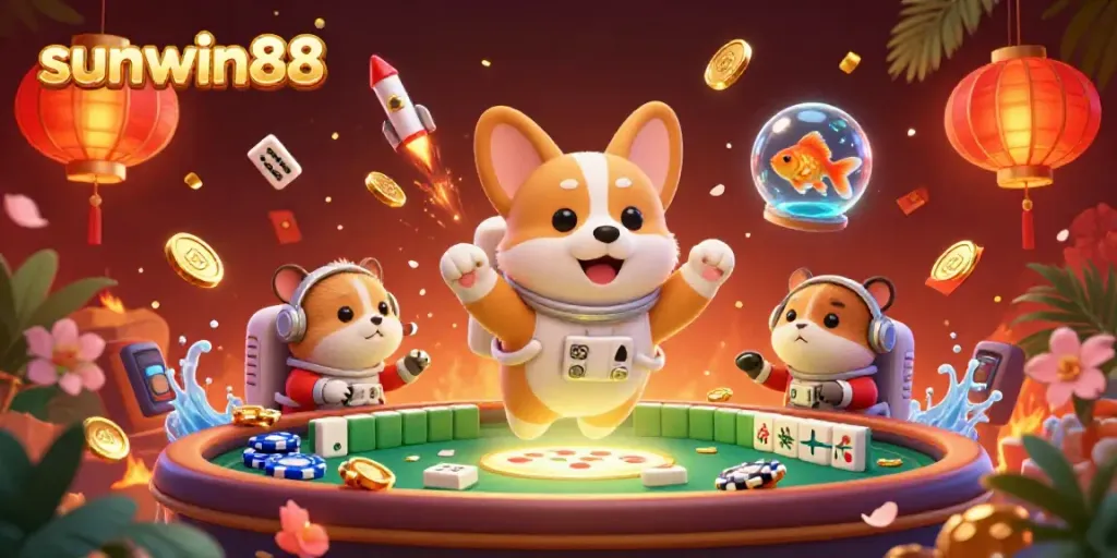 Experience the excitement of sunwin88 with a vibrant scene of floating casino elements in space.