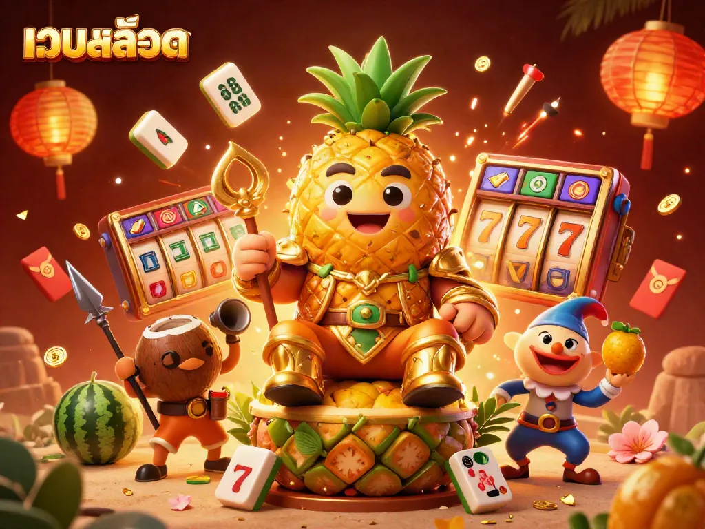 Experience thrilling เว็บสล็อต action in a vibrant, casino-themed beach scene filled with characters and festive elements.