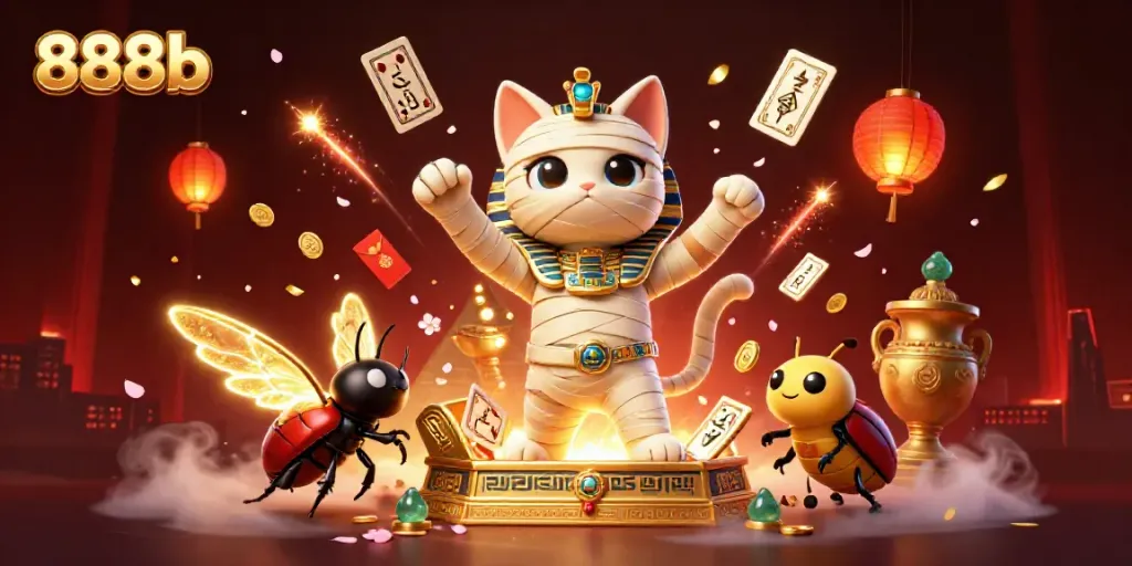 Engage with the colorful excitement of 888b casino through a vivid 3D illustration featuring a dynamic mummy cat and scarab.