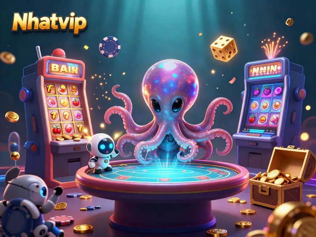 Nhatvip shines with an exciting alien octopus managing a poker game amidst a jackpot explosion in this vibrant scene.