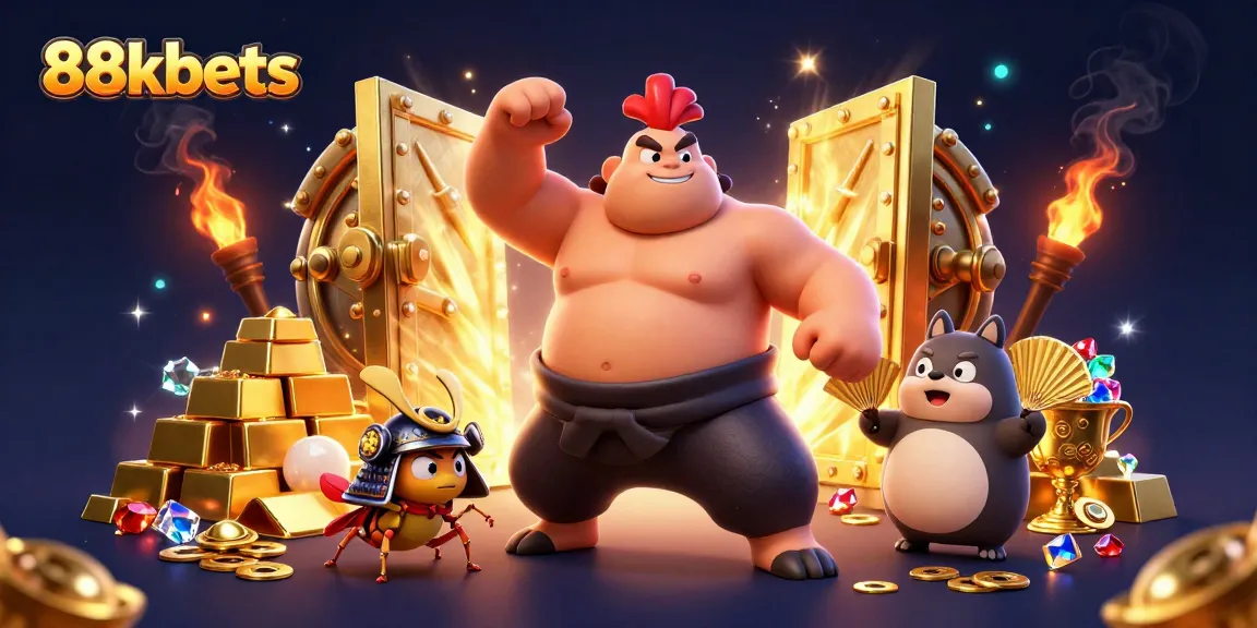 Engage with 88kbets through an explosive casino scene featuring a powerful sumo wrestler, cricket, and tanuki.