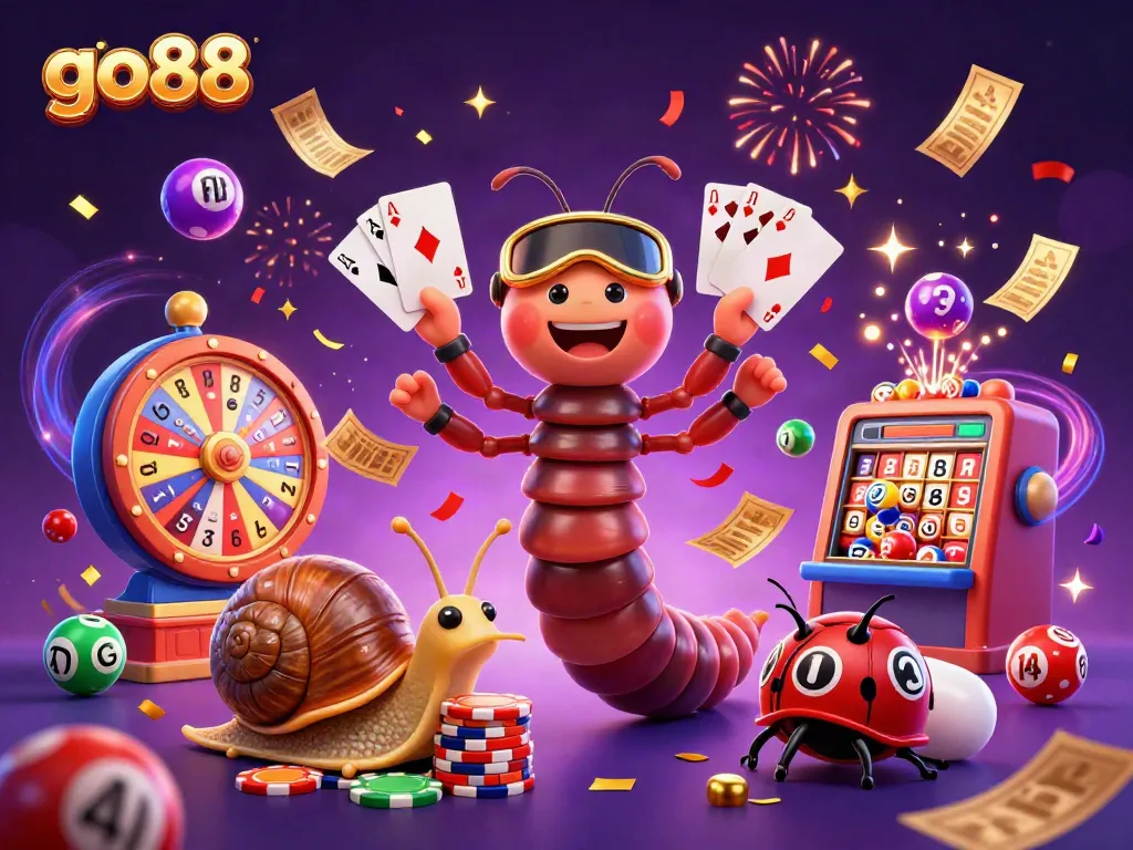 Experience the excitement at go88 with a lively casino scene featuring a millipede dealer and magical casino elements.