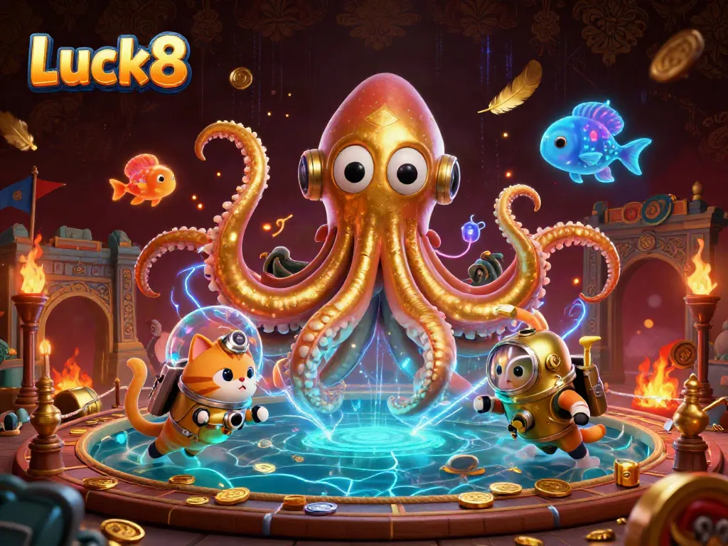 Engage with Luck8’s vibrant casino world featuring a colossal kraken and adventurous diving cat.