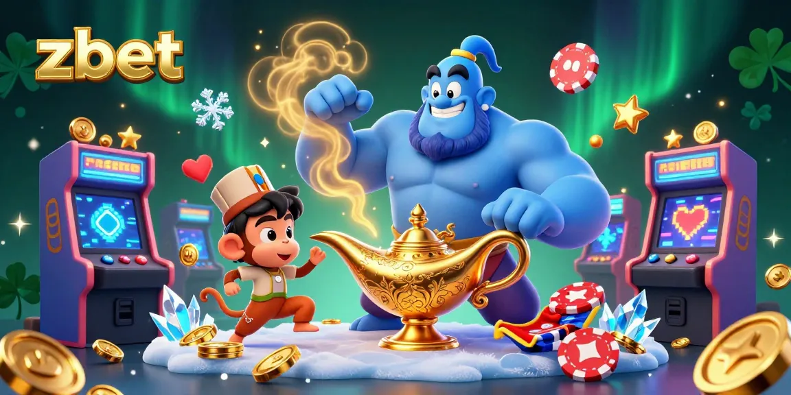 Engage in zbet casino action with a dynamic 3D illustration featuring a genie, monkey, and magic carpet.