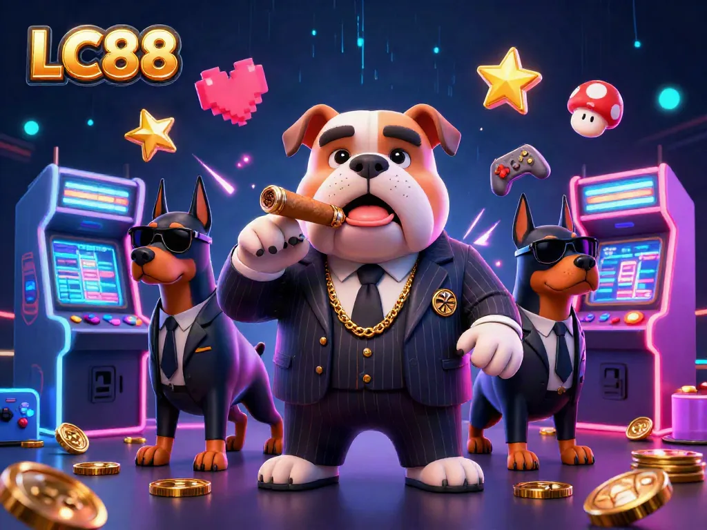 Experience thrilling gameplay at LC88 with a mafia bulldog and Doberman bodyguards set in a vibrant casino.