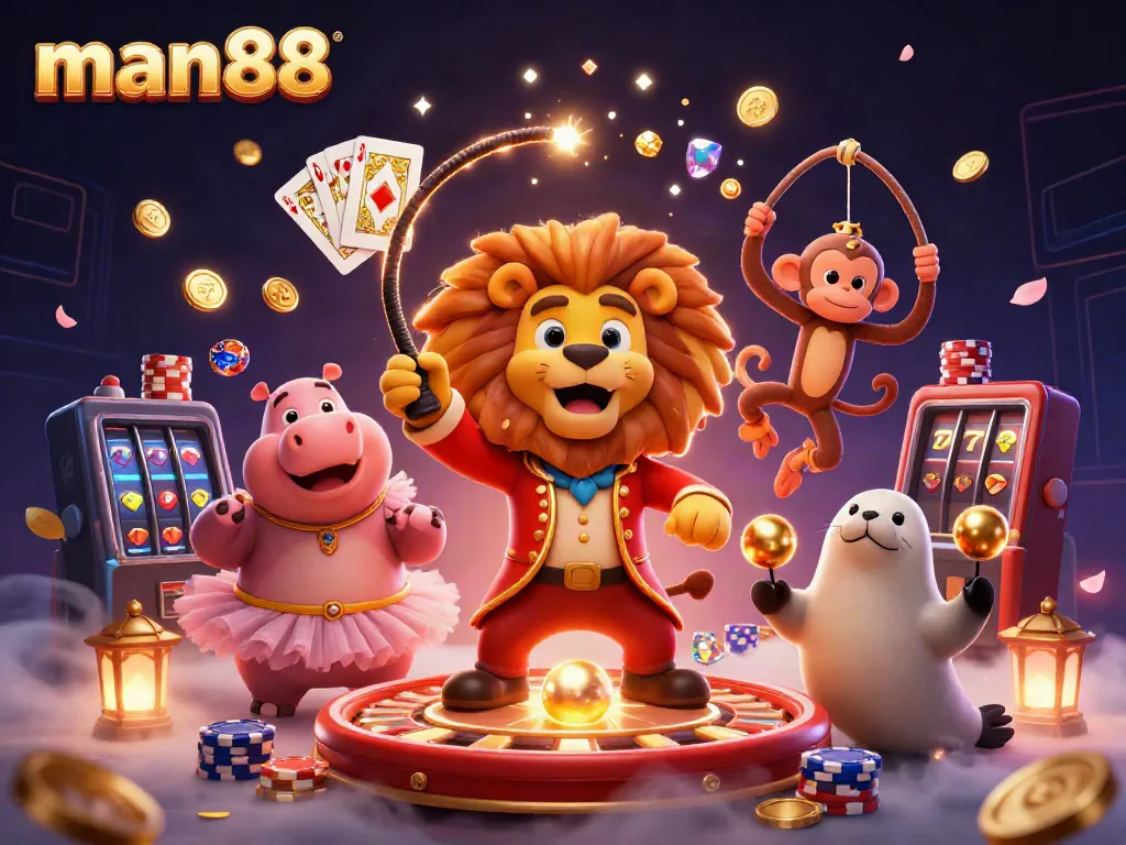 Join the excitement at man88 with a vibrant casino atmosphere, featuring playful characters amid golden coins and cards.