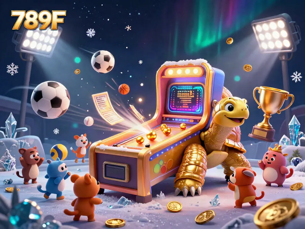 Experience the excitement at 789F with our fun-filled gaming scene featuring a golden tortoise pinball machine and vibrant sports elements.