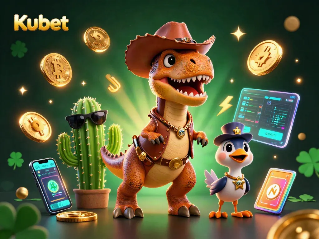 Kubet showcases a vibrant 3D cartoon scene with a cowboy dinosaur and crypto elements, enhancing your gaming adventure.