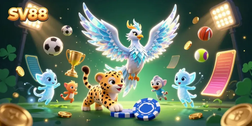 Experience excitement at SV88 with interactive gaming visuals including an ice phoenix, sports elements, and vibrant colors.
