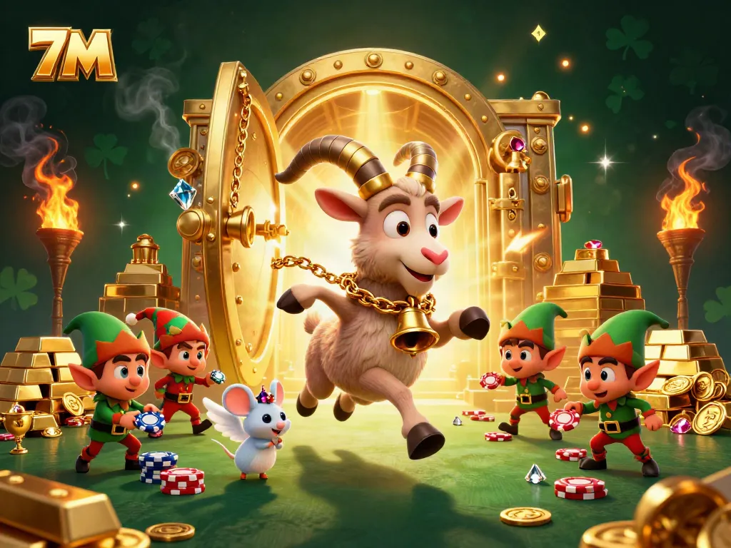 Experience high-stakes action at 7M's festive casino with lively characters and abundant treasures.