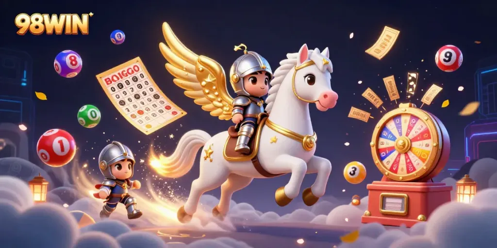 Experience the thrill of 98WIN with a dynamic illustration of lucky characters and gaming elements.